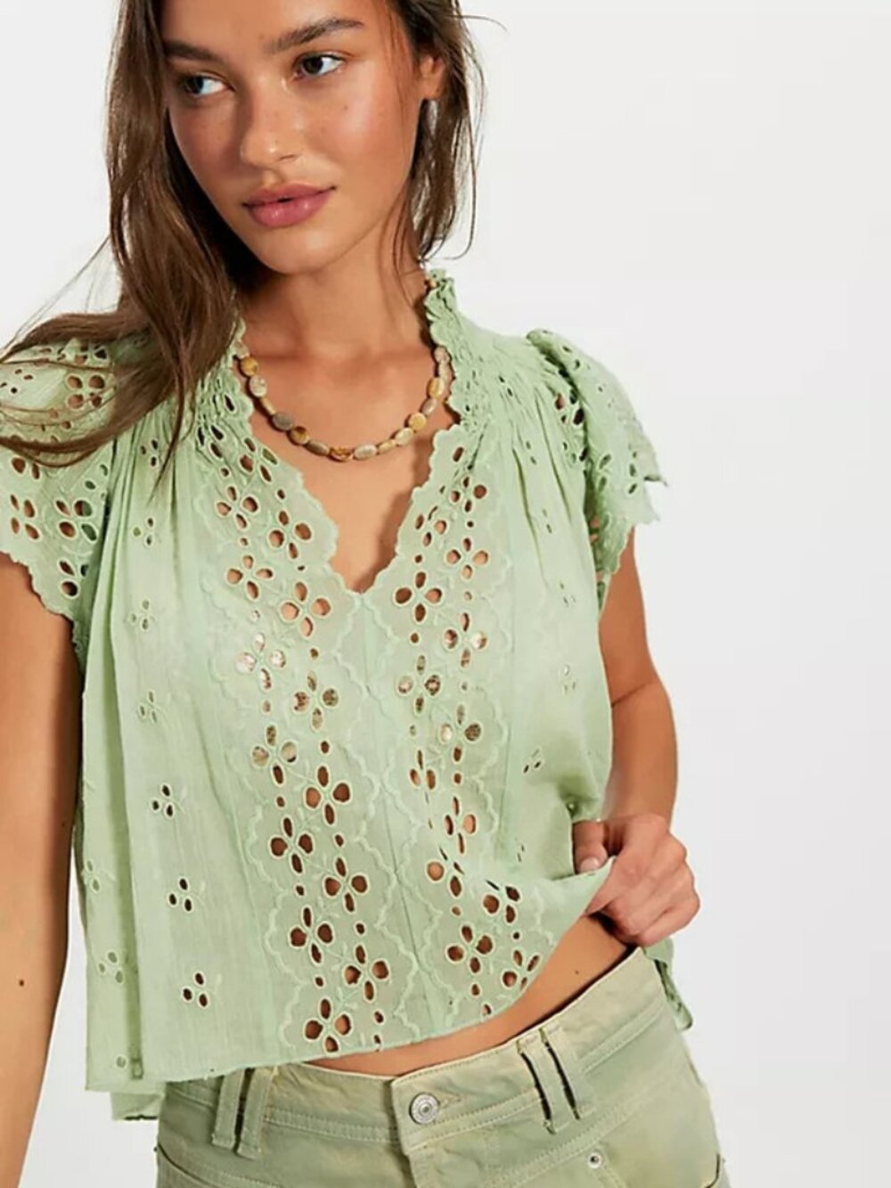 Free People FP One Sigrid Blouse Top Mystic Spring Eyelet Lace XL